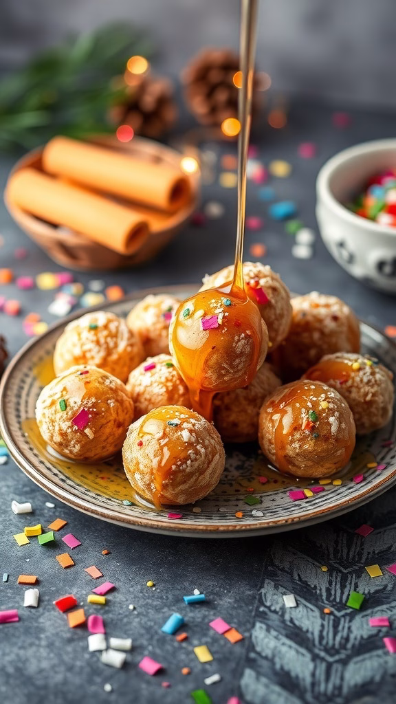 Delicious struffoli drizzled with honey and colorful sprinkles