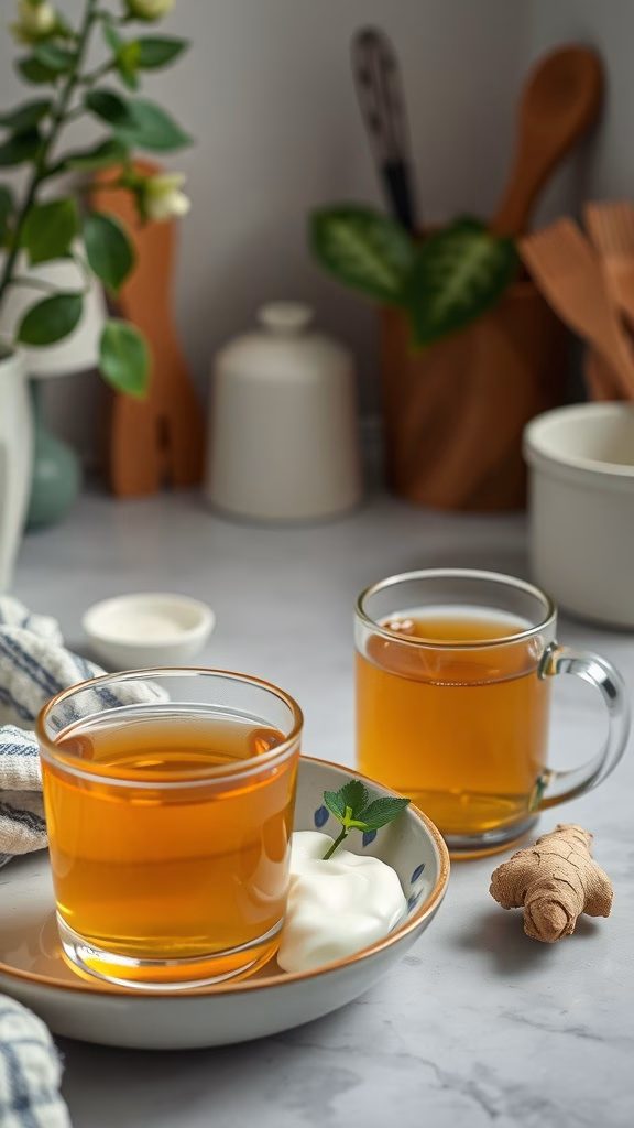 A cozy kitchen setting featuring two cups of pandan tea with ginger root and a small bowl of cream, symbolizing relaxation and digestive health.