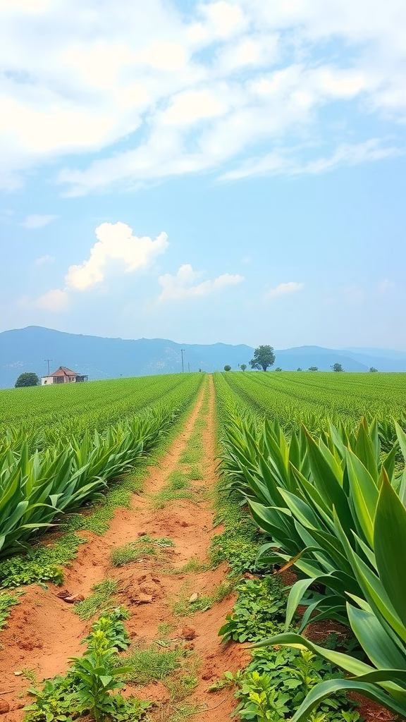 Lush green vanilla fields under a clear blue sky.