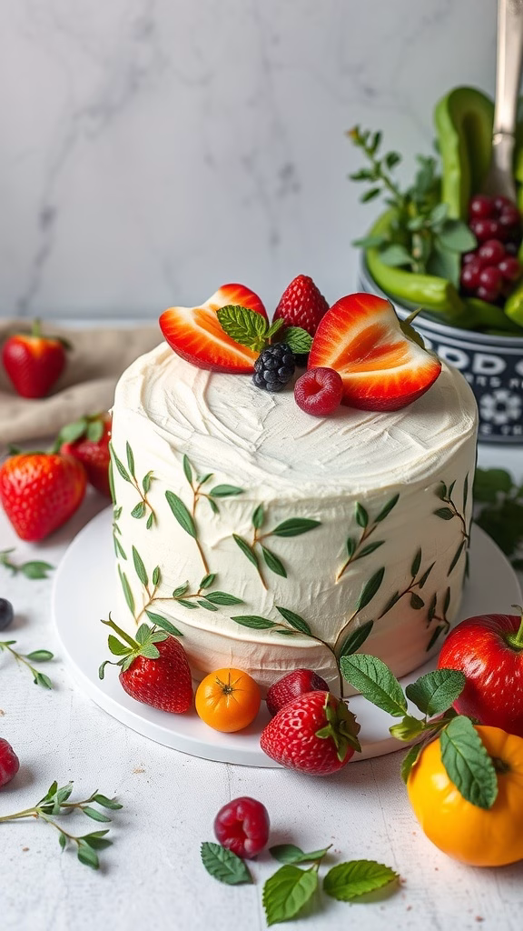 A beautifully decorated cake topped with fresh fruits and herbs, embodying sustainable baking trends.