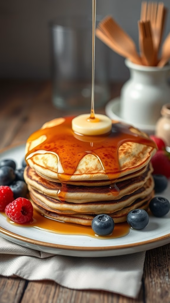 A stack of syrup-soaked Finnish pancakes topped with fresh berries.
