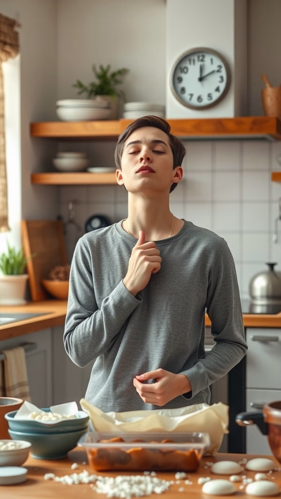 A person taking a deep breath in a kitchen, surrounded by baking ingredients.