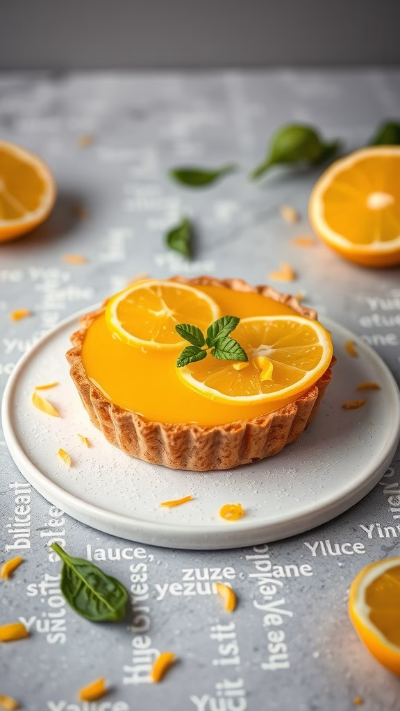 Tangy Yuzu Citrus Tart garnished with lemon slices
