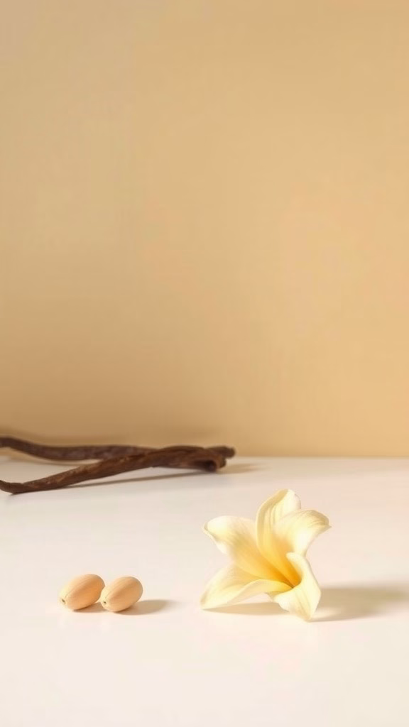 Vanilla flower and beans on a surface