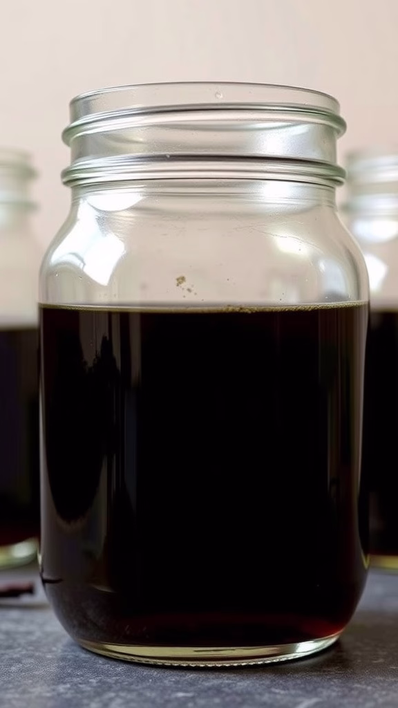 A jar filled with dark, rich liquid, representing homemade vanilla extract.