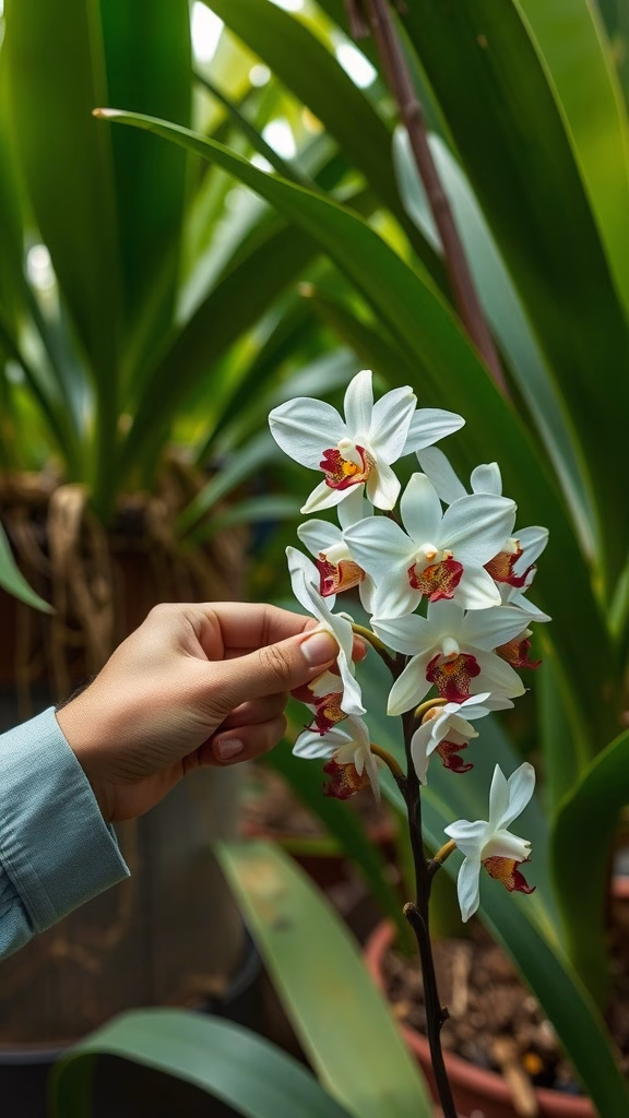 A hand gently touching a vanilla flower with green leaves in the background.