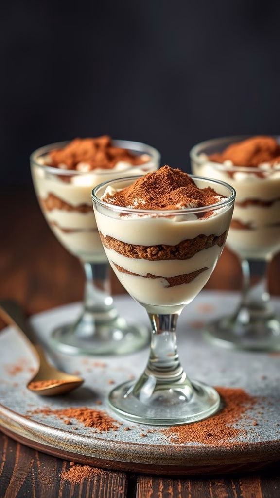 Tiramisu dessert served in glass cups with cocoa powder on top