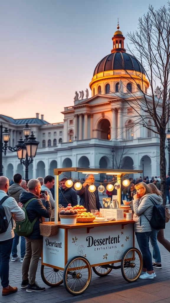 A dessert cart at a tourist landmark with people gathered around it