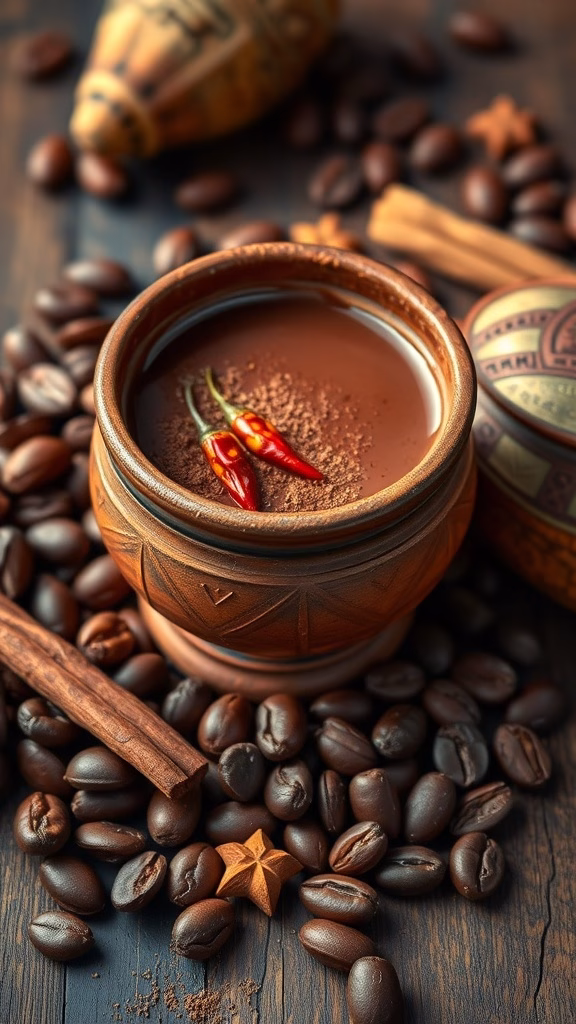 Traditional Aztec drinking chocolate served in a clay pot with chili peppers and spices.