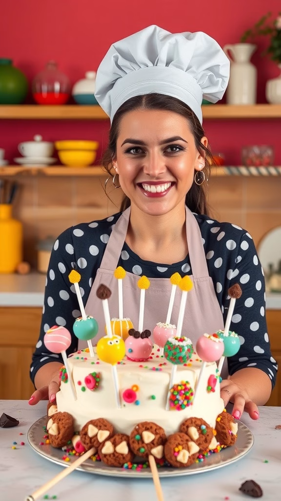 A smiling baker holding a decorated cake with colorful toppings in a bright kitchen.