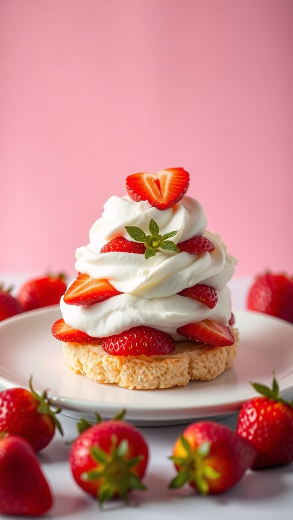A delicious strawberry shortcake topped with whipped cream and fresh strawberries.