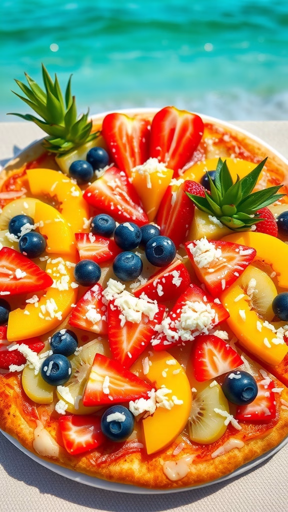 A colorful tropical fruit dessert pizza topped with strawberries, blueberries, peaches, and coconut