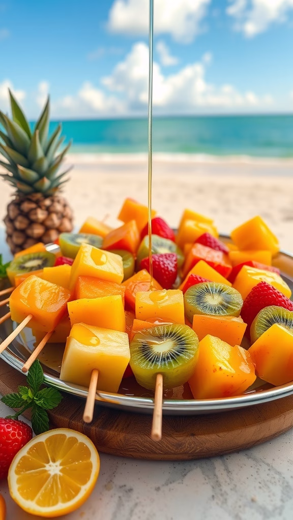 Colorful tropical fruit skewers with honey drizzle on a plate, surrounded by fresh fruits.