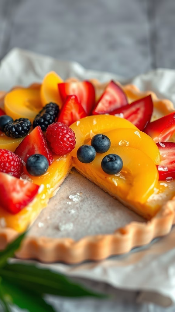 A beautifully arranged tropical fruit tart topped with assorted fresh fruits.