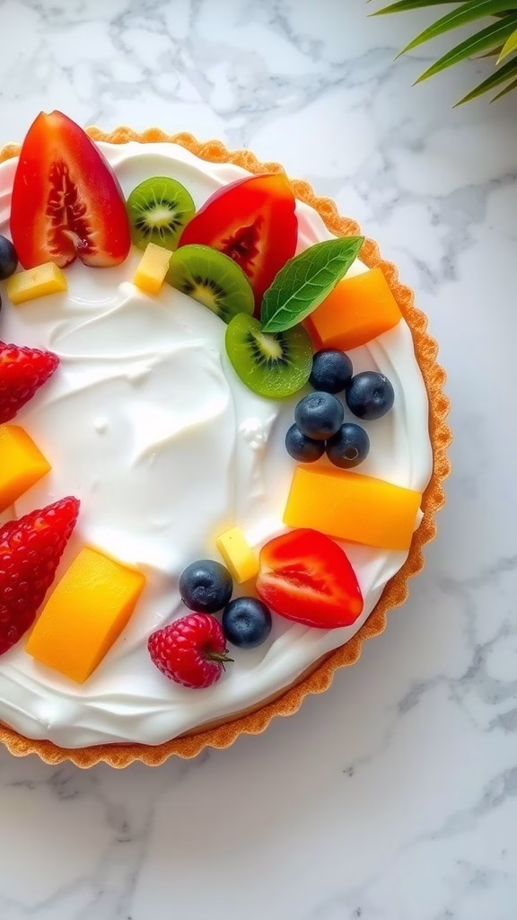 Tropical Fruit Tart with colorful fruits and cream