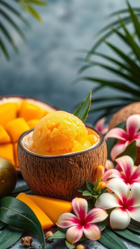 A bowl of tropical mango sorbet garnished with flowers and mango slices.