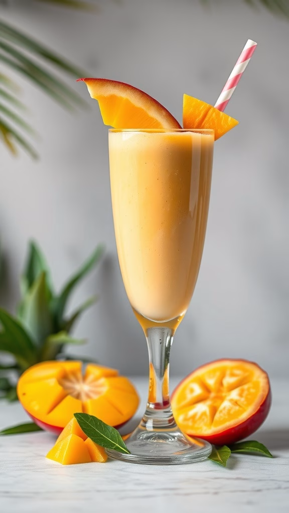 A refreshing tropical vanilla and mango smoothie in a tall glass, garnished with fruit slices.