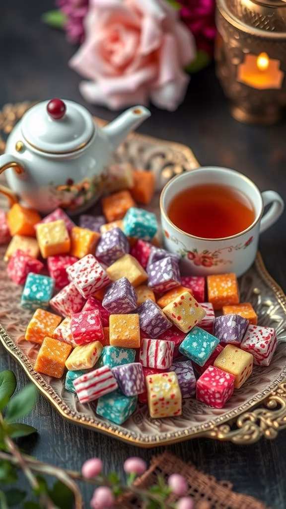 Colorful assortment of Turkish Delight cubes on a decorative tray with a teapot and cup of tea