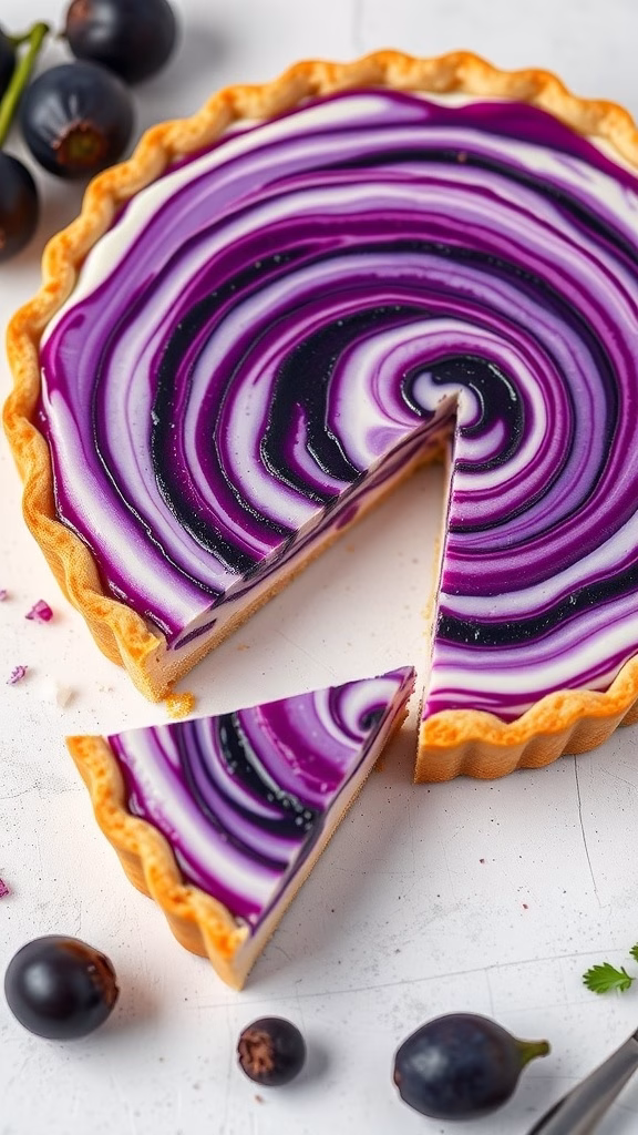 Creamy ube tart with a beautiful swirl design on the top