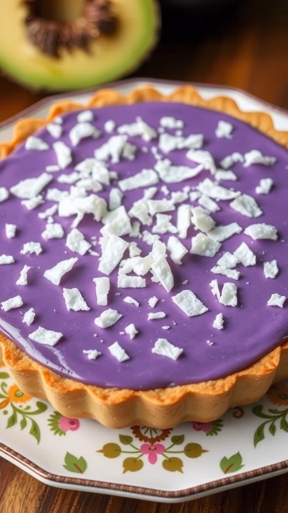 Ube macapuno tart topped with sweetened coconut.