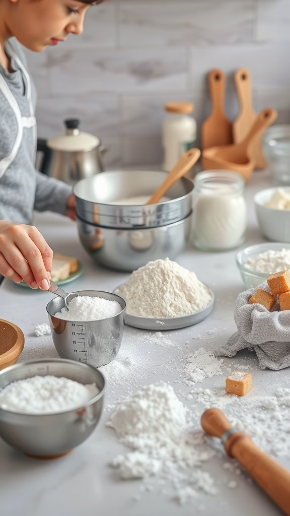 A young person measuring ingredients in a kitchen for baking, surrounded by bowls of flour and sugar.