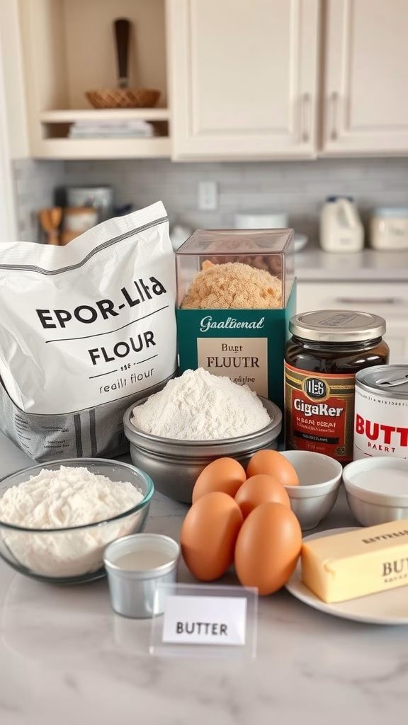 An array of baking ingredients including flour, sugar, eggs, and butter, set against a kitchen backdrop.