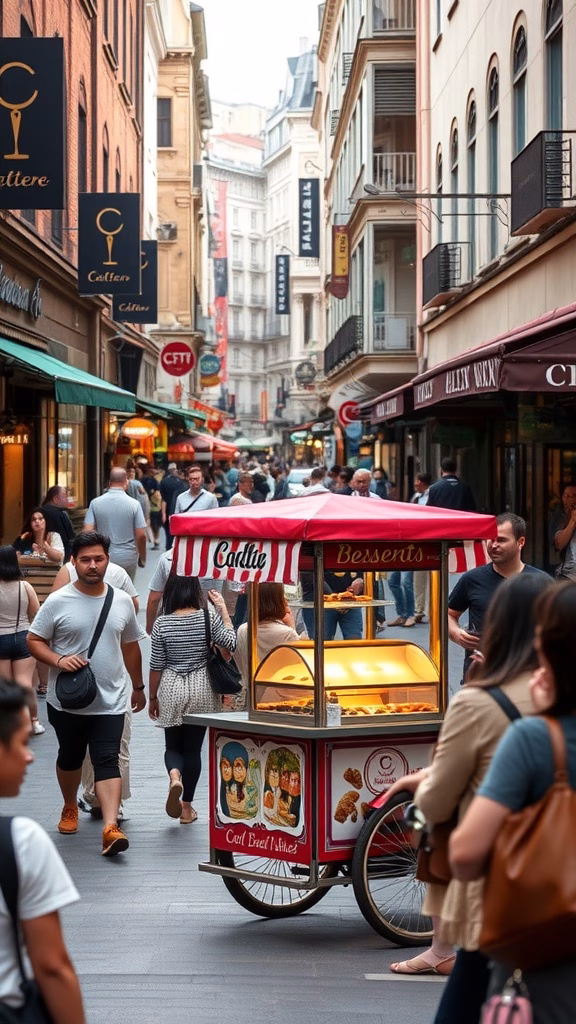 A busy street with a dessert cart surrounded by people shopping and walking.