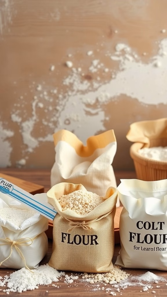 Various types of flour in labeled bags on a wooden table.