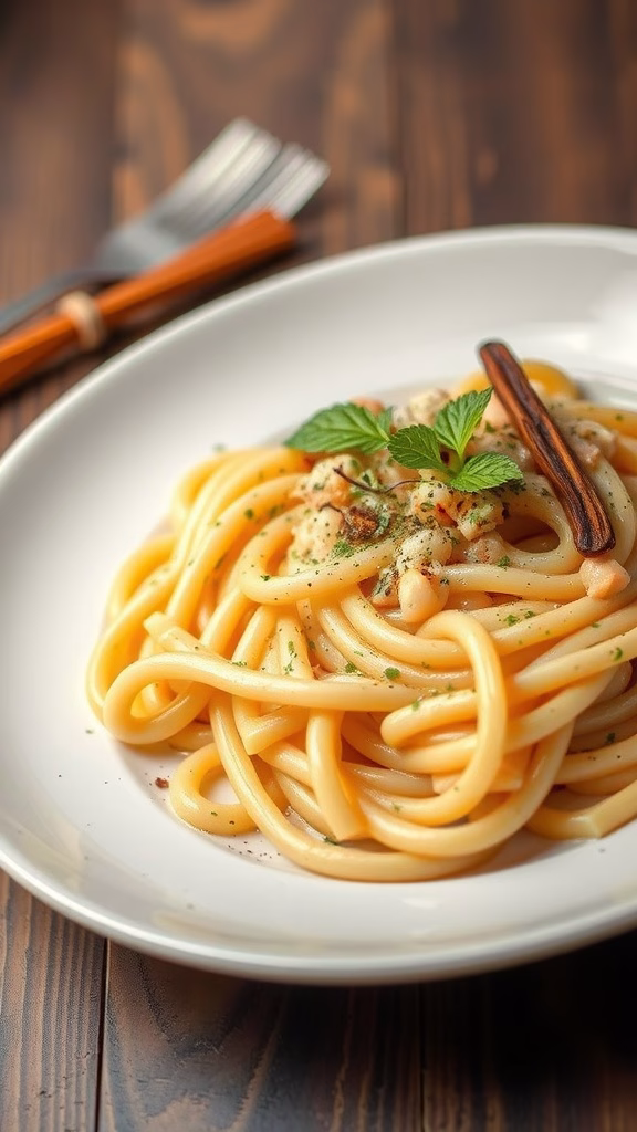 A plate of creamy pasta topped with a vanilla bean and garnished with mint leaves.