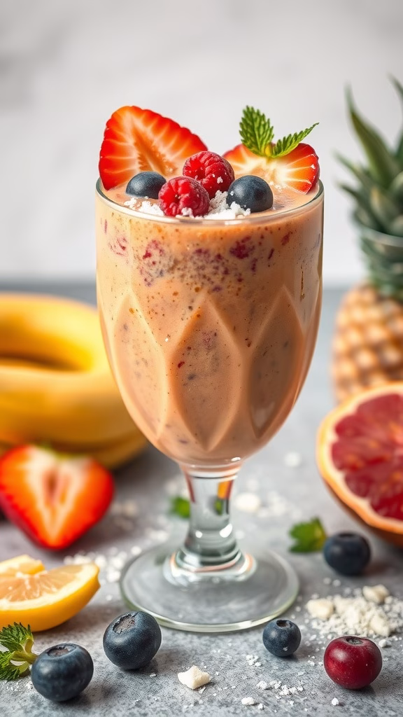 A colorful smoothie topped with fresh fruits like strawberries, blueberries, and raspberries, set against a backdrop of bananas and pineapple.