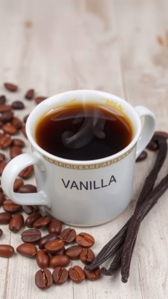A cup of vanilla-infused coffee surrounded by coffee beans and vanilla pods.