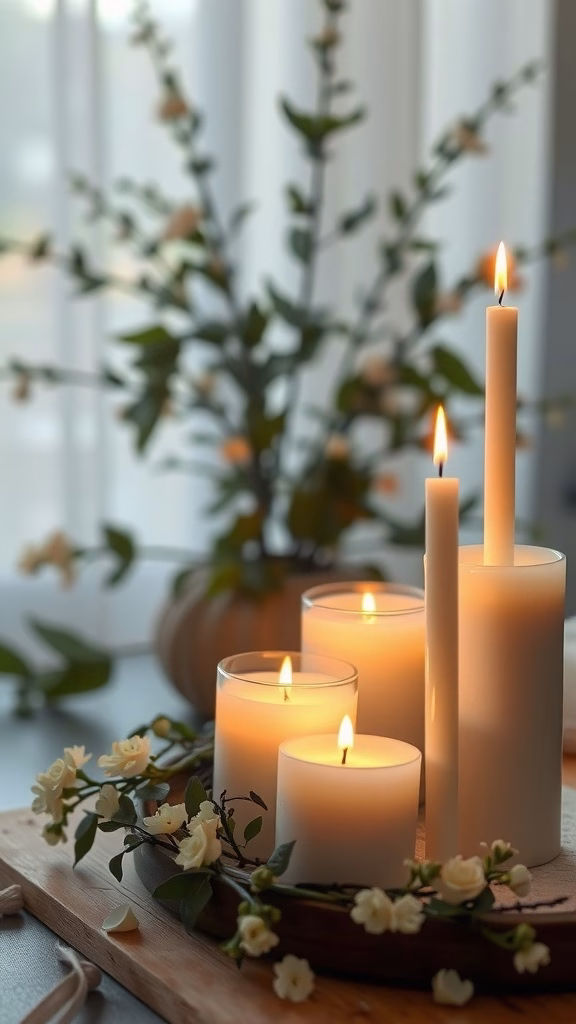A set of lit candles surrounded by flowers, creating a calm and soothing atmosphere.