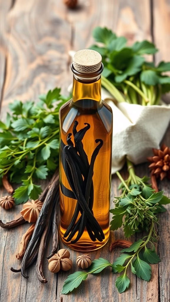 A bottle of vanilla bean infused olive oil surrounded by fresh herbs and spices.