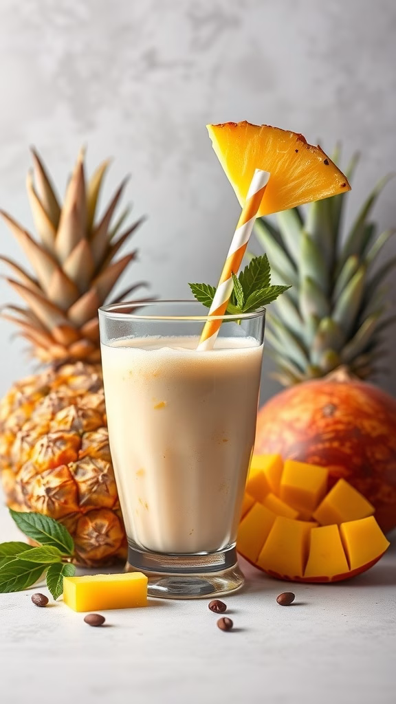 A creamy vanilla bean smoothie topped with grilled pineapple and mint, surrounded by fresh tropical fruits.