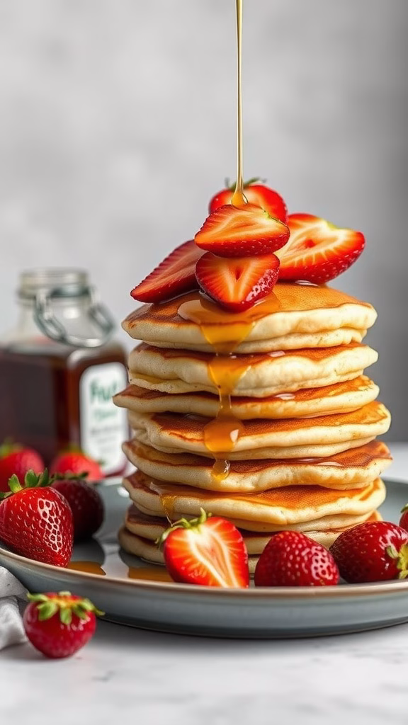 A stack of pancakes topped with sliced strawberries and drizzled with syrup, with a jar of syrup in the background.