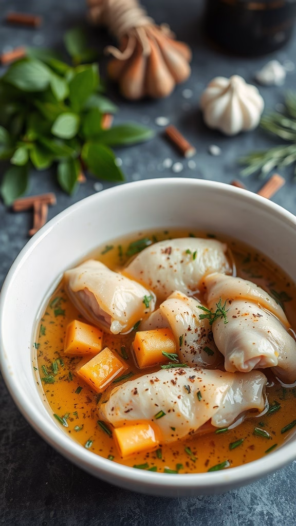 A bowl of aromatic marinade with food pieces soaking in it, surrounded by herbs and spices