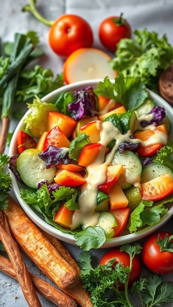 A colorful salad with mixed greens, diced vegetables, and a creamy dressing, surrounded by fresh produce.