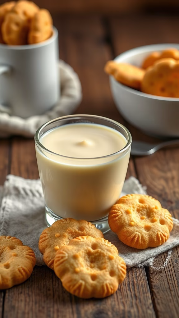 A glass of vanilla pudding with shortbread cookies arranged around it.