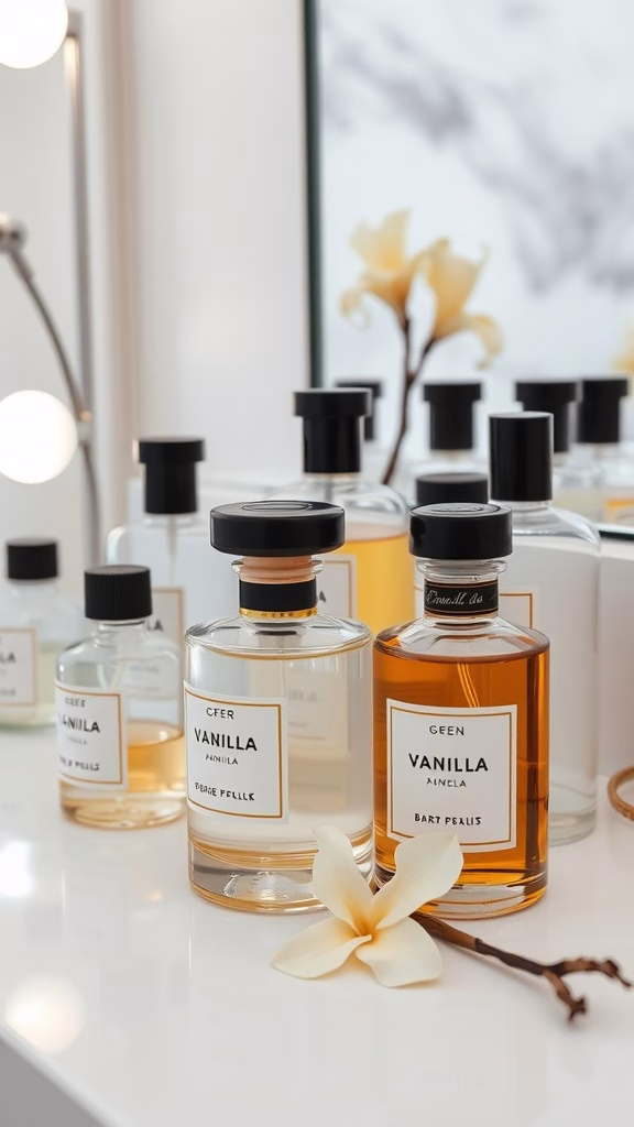 Various bottles of vanilla perfume displayed with a vanilla flower in the foreground