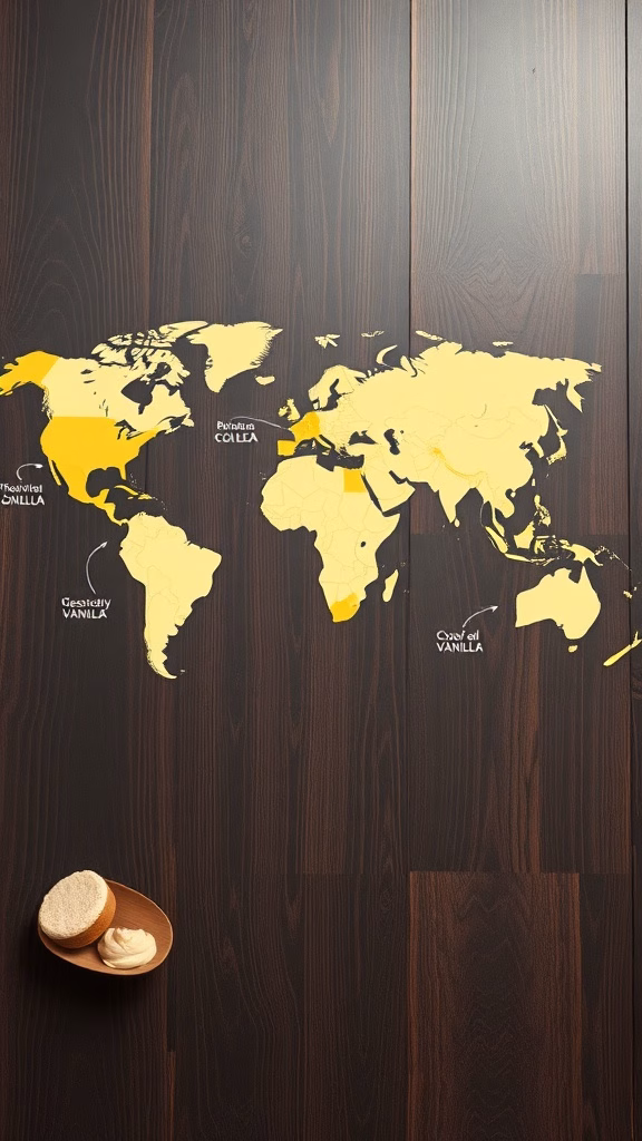 World map highlighting regions associated with vanilla cultivation, with vanilla beans and cream in a bowl.