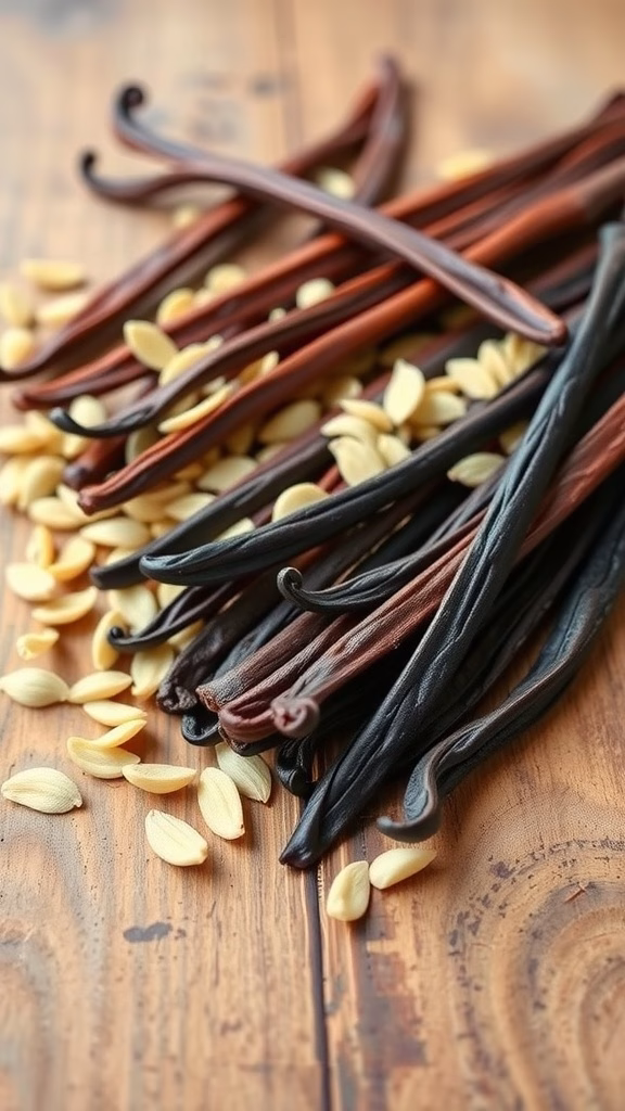 Close-up of various vanilla beans and seeds on a wooden surface.