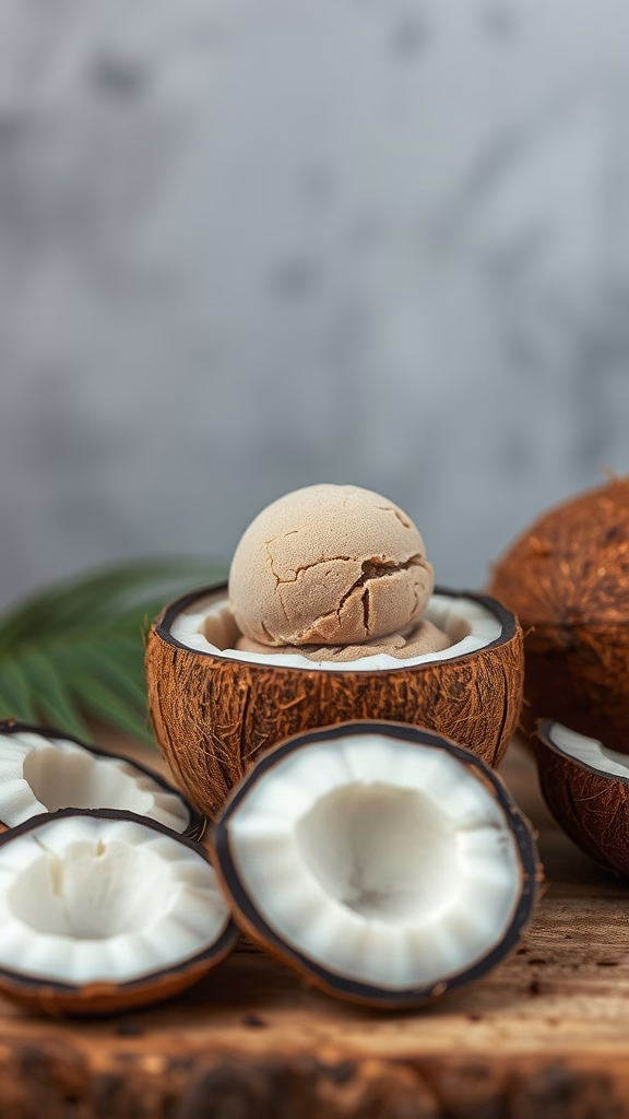 Vegan Hojicha Ice Cream in a coconut shell