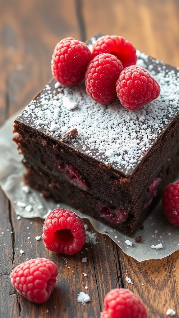 Delicious vegan brownies topped with fresh raspberries
