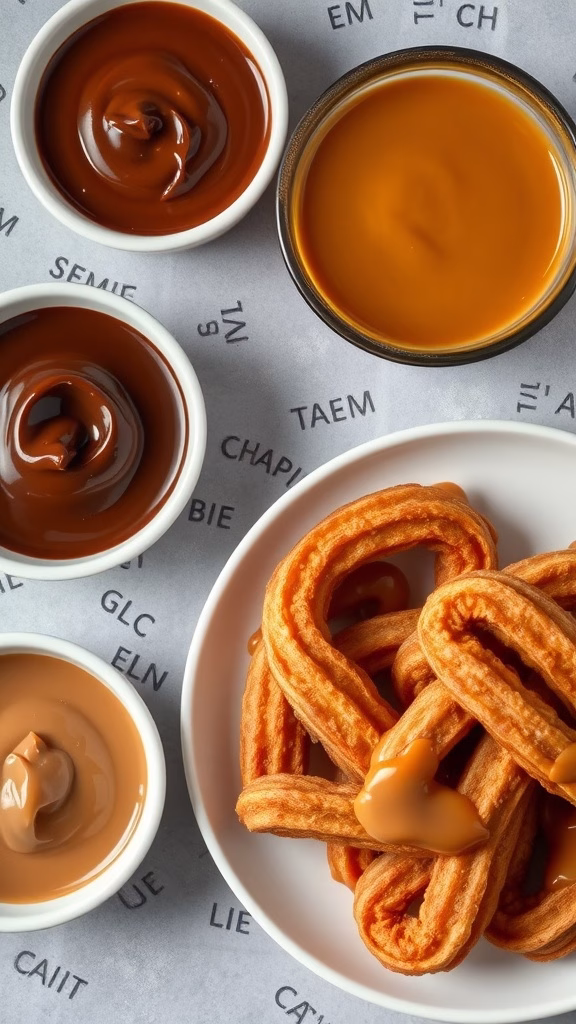 A plate of churros with various dipping sauces including chocolate and caramel.