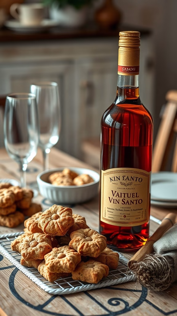A bottle of Vin Santo dessert wine with cookies on a wooden table