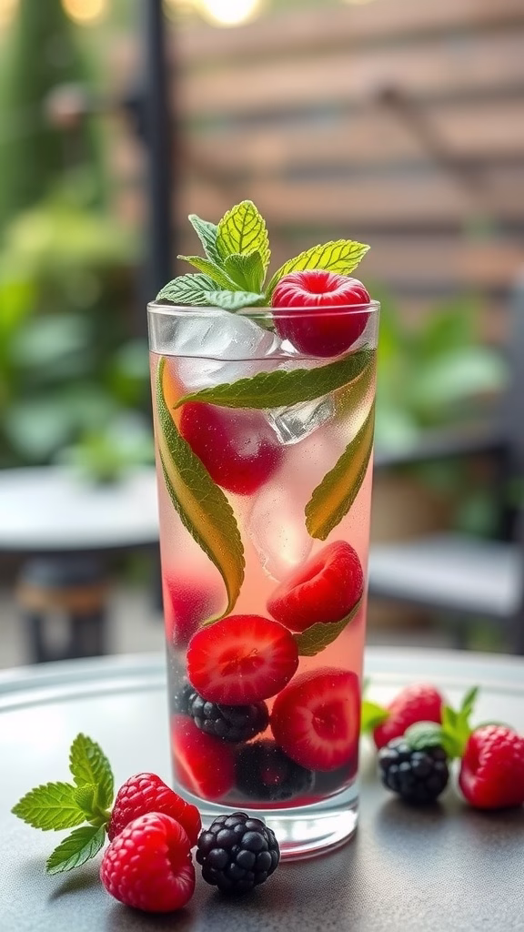 A refreshing Virgin Berry Mojito with mixed berries and mint leaves in a glass.