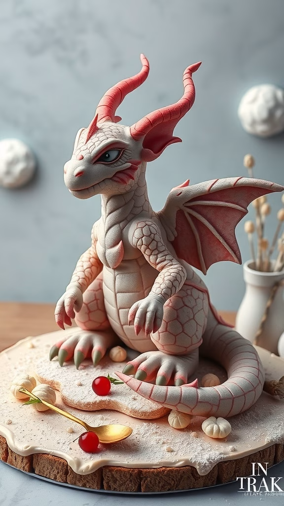 A whimsical 3D sculpted cake resembling a dragon.