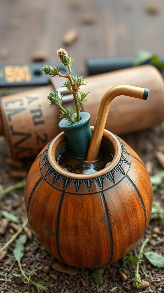 A traditional yerba mate gourd with a bombilla, surrounded by natural elements.
