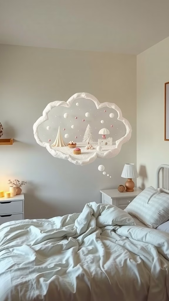 A dreamy cloud filled with baked goods above a cozy bedroom bed