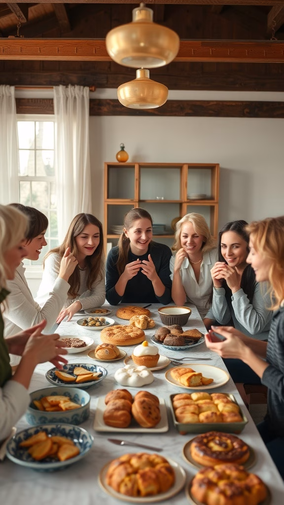 A group of friends enjoying a variety of baked goods around a table.